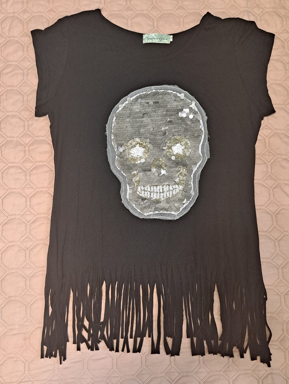 Womens Black Fringe Skull Sequin Tee